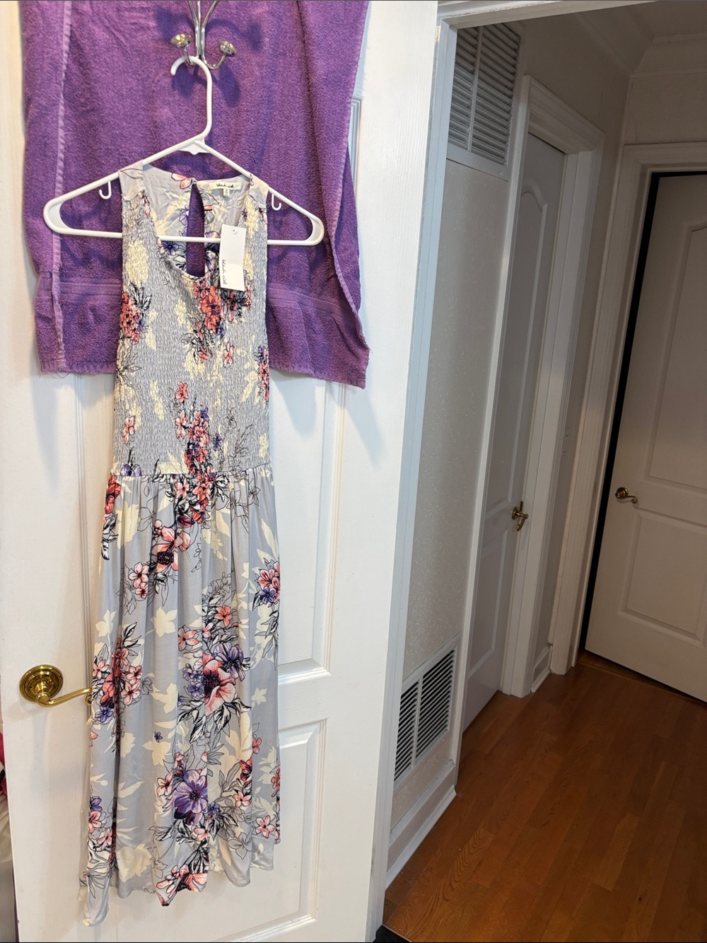 NWT Bleuh ciel Floral Maxi Dress in Light Gray with Pink & Purple Blooms